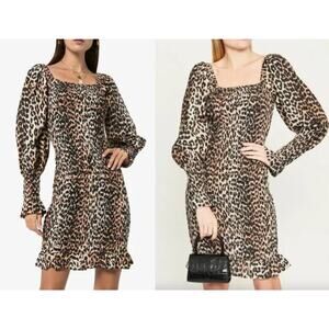 Ganni | Smocked Leopard Print Puff Sleeve Silk Blend Dress |  EU 34 / US 4